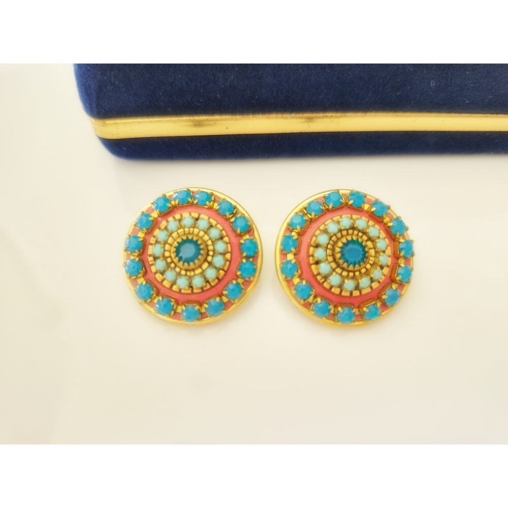 Vintage Michal Golan Blue Rhinestone Cabochon Pink Enamel Earrings